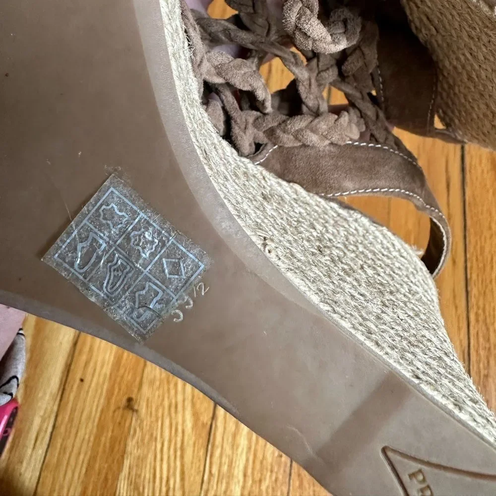 Prada wedges braised‎ rope 100% leather suede beige tan woven Sandal size 9.5